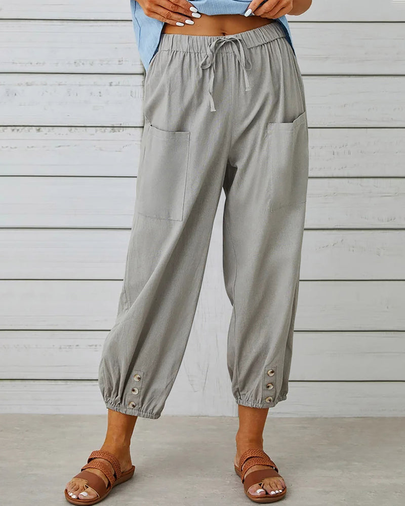 MW | Bequeme Cargohose mit Kordelzug und Knöpfen