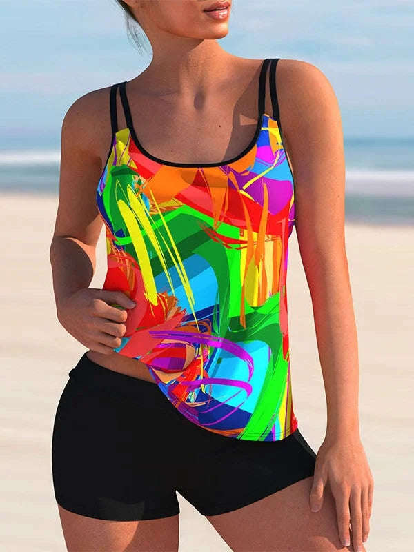 MW | Plus Size Bademode ärmellos Floral bedruckt Hell gestreift Tankini