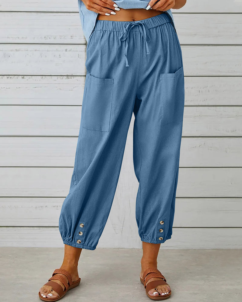 MW | Bequeme Cargohose mit Kordelzug und Knöpfen