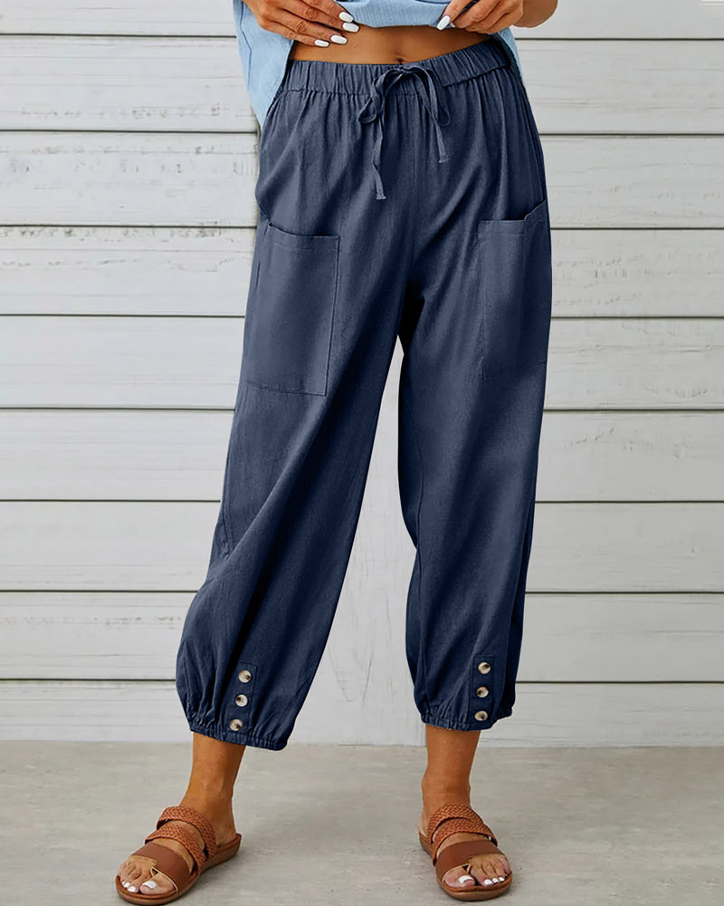 MW | Bequeme Cargohose mit Kordelzug und Knöpfen