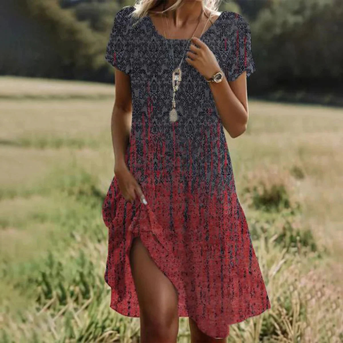 MW | Sommer Bohème Kleider für Frauen V-Ausschnitt Kurze Ärmel Blume gedruckt Strand Urlaub Kleid Frauen Maxi-Kleider Boho