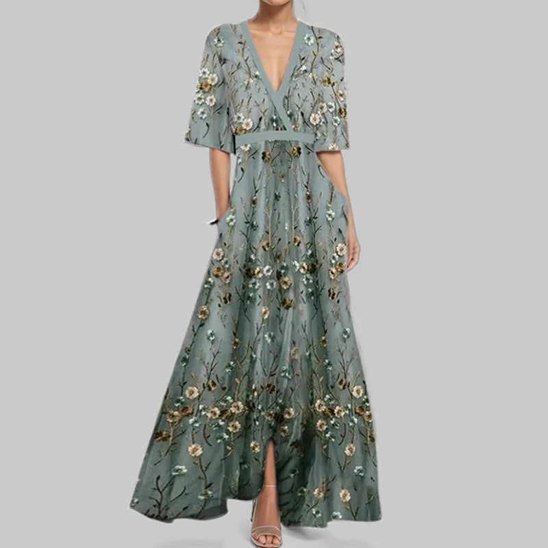 MW | Frühling Sommer Frauen Mode V Hals Belted Party Langes Kleid Sexy Druck Boho Maxi Kleider Kurzarm Tasche Femlae Urlaub