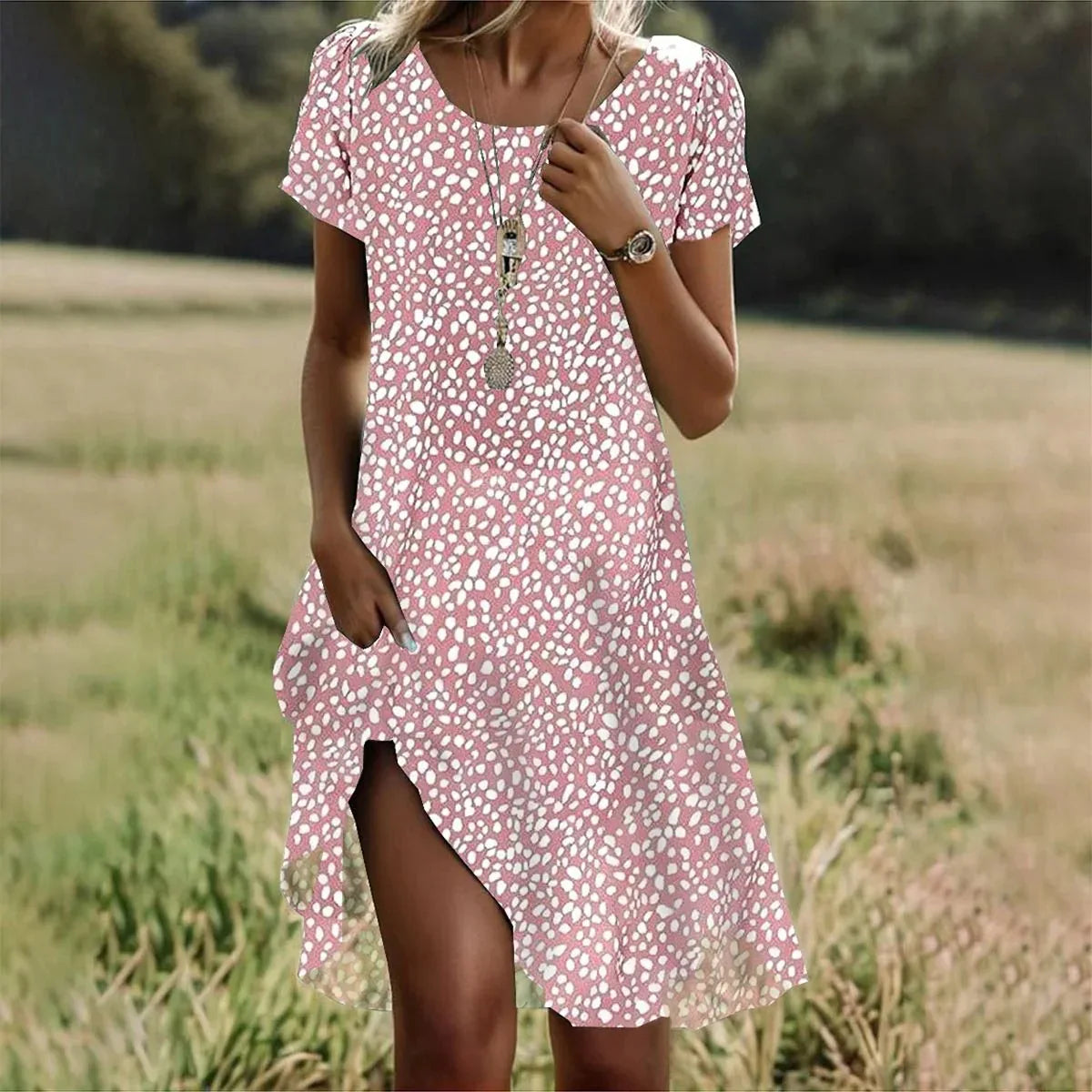 MW | Sommer Bohème Kleider für Frauen V-Ausschnitt Kurze Ärmel Blume gedruckt Strand Urlaub Kleid Frauen Maxi-Kleider Boho