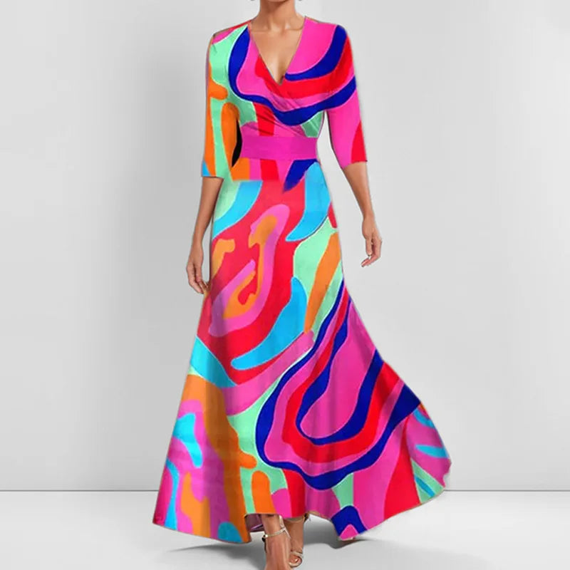 MW | Frühling Sommer Frauen Mode V Hals Belted Party Langes Kleid Sexy Druck Boho Maxi Kleider Kurzarm Tasche Femlae Urlaub