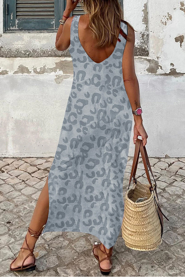 MW | Grau Lässig Leopard Print Seite Schlitze Tank Maxi Kleid