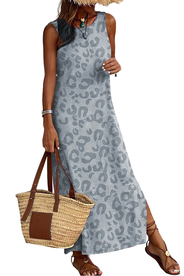 MW | Grau Lässig Leopard Print Seite Schlitze Tank Maxi Kleid