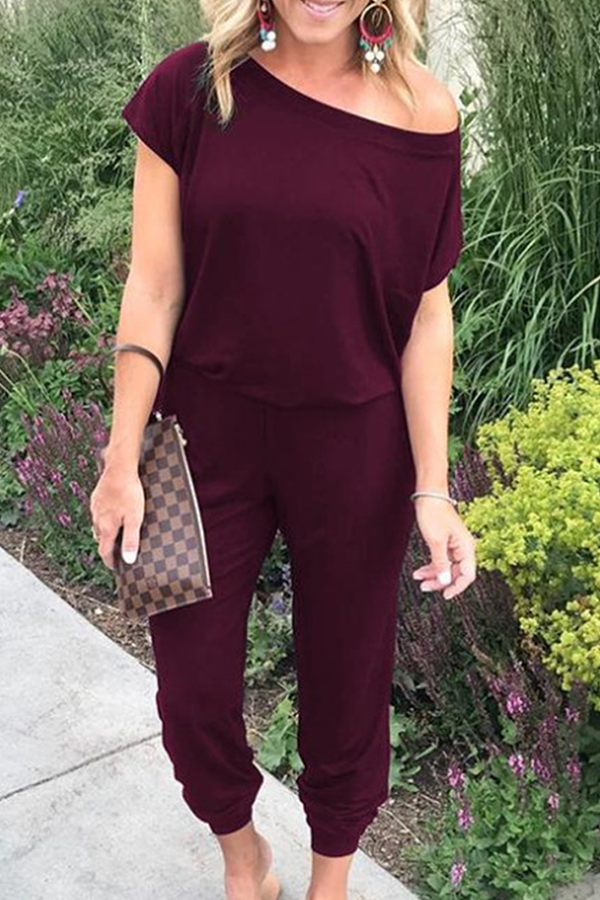 MW | Casual Solid Patchwork Basic Schrägkragen Jumpsuits (6 Farben)