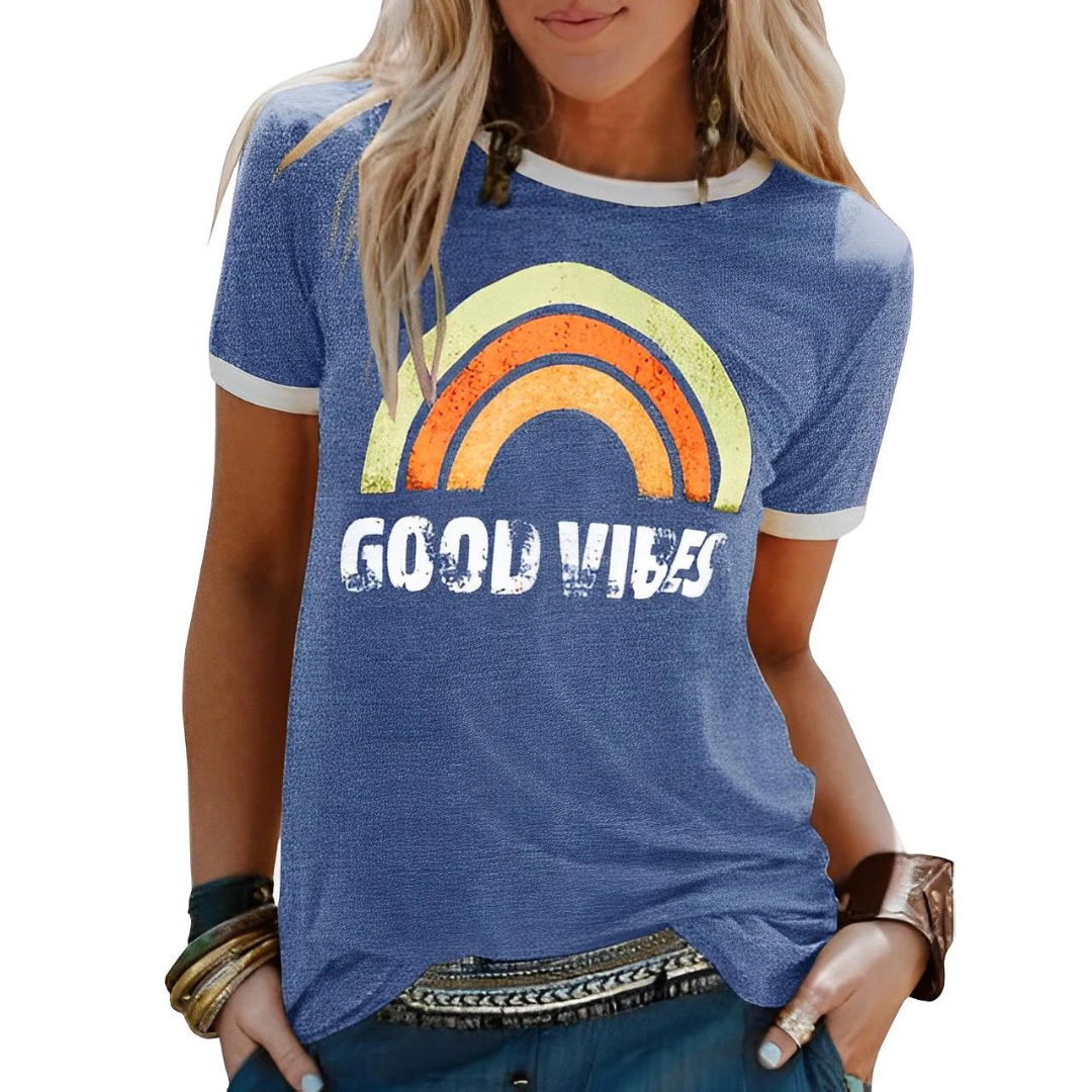 MW | Elegantes Retro-Regenbogen-Good-Vibes-T-Shirt