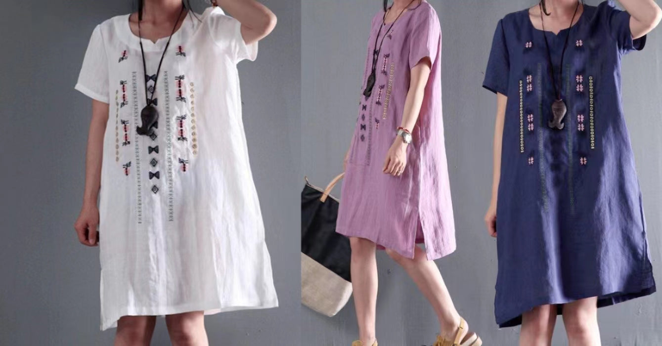 MW | Leinen sundress weiß kurze Ärmel Sommerkleider plus Größe Bluse