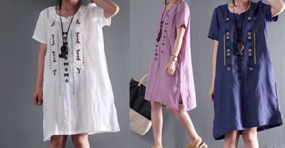 MW | Leinen sundress weiß kurze Ärmel Sommerkleider plus Größe Bluse