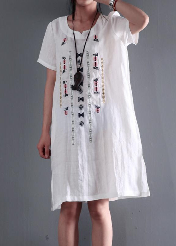 MW | Leinen sundress weiß kurze Ärmel Sommerkleider plus Größe Bluse