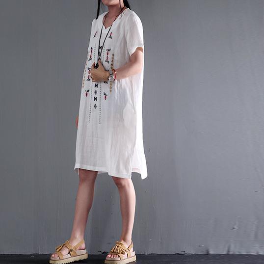 MW | Leinen sundress weiß kurze Ärmel Sommerkleider plus Größe Bluse