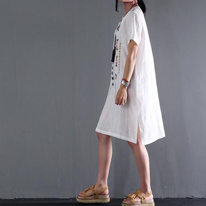 MW | Leinen sundress weiß kurze Ärmel Sommerkleider plus Größe Bluse