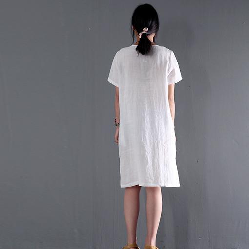 MW | Leinen sundress weiß kurze Ärmel Sommerkleider plus Größe Bluse