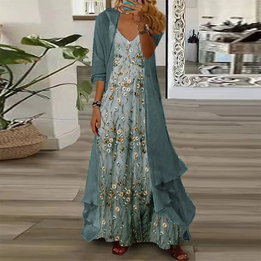 MW | Jugendliches Ditsy Floral Print Maxikleid mit dünner Jacke Zweiteilige Outfits