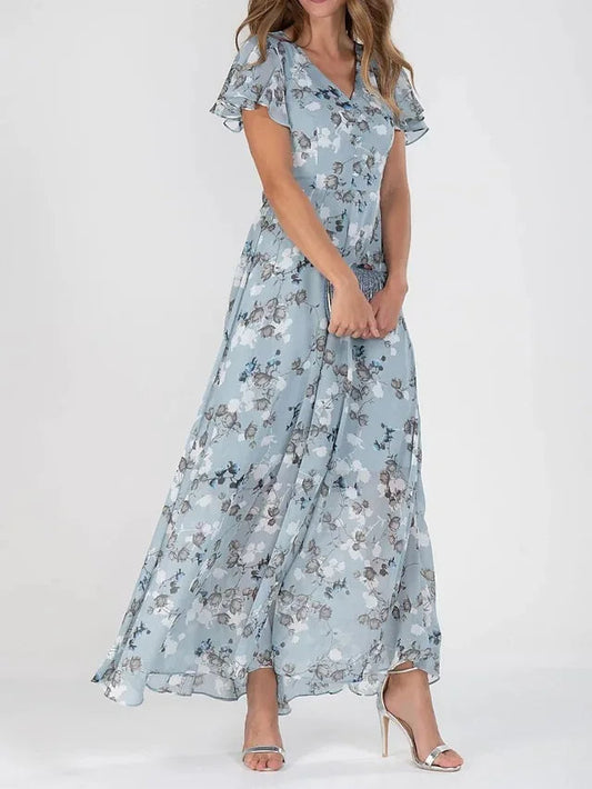 MW | Maxikleid mit gerüschten Ärmeln und Blumenmuster