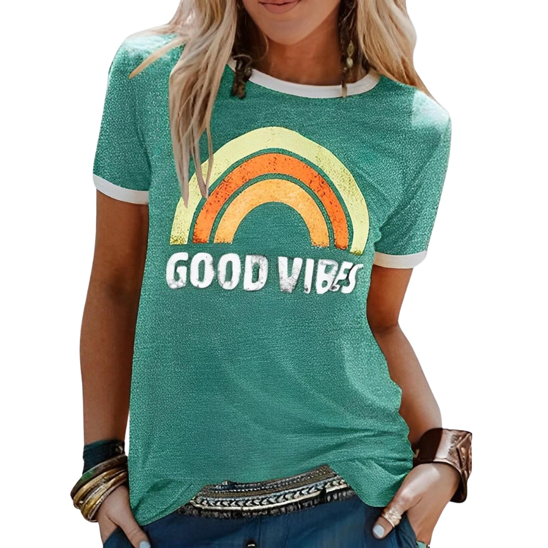 MW | Elegantes Retro-Regenbogen-Good-Vibes-T-Shirt