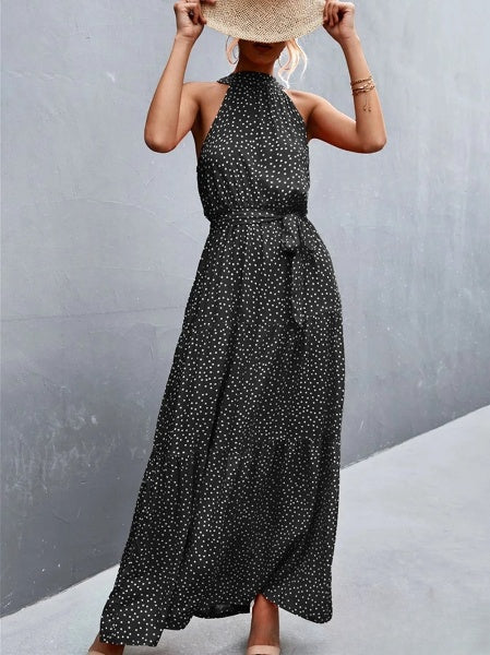 MW | Meistverkauftes Jumpsuit-Kleid mit Trägern und Neckholder mit gewelltem Punktedruck
