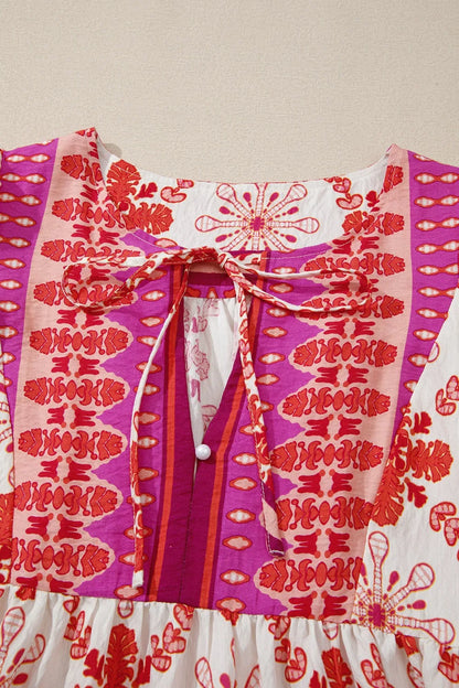 MW | Boho Floral Kurzarm Krawattenausschnitt Minikleid