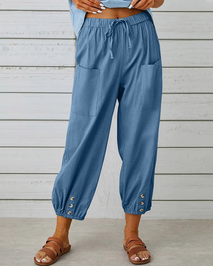 MW | Bequeme Cargohose mit Kordelzug und Knöpfen