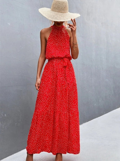 MW | Meistverkauftes Jumpsuit-Kleid mit Trägern und Neckholder mit gewelltem Punktedruck
