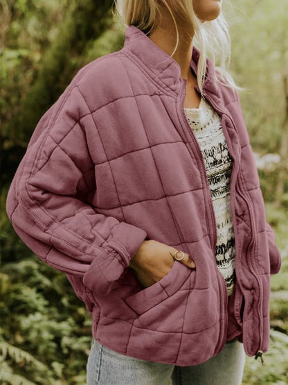 Quilted Jackets- Solid Cotton Blend High Neck Zip-Up Quilted Jacket- - Pekosa Women Clothing