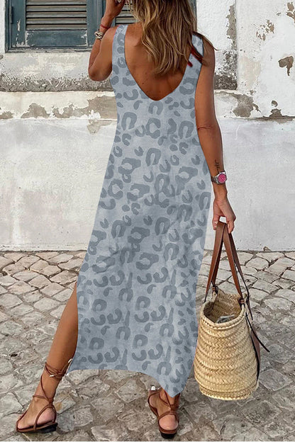 MW | Grau Lässig Leopard Print Seite Schlitze Tank Maxi Kleid