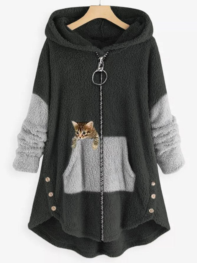 MW | Kuschelige Fleece-Kapuzenjacke mit liebenswertem Katzenprint