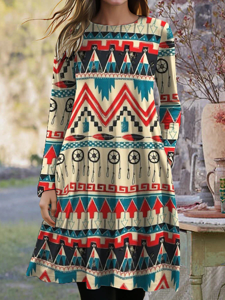 MW | Langärmeliges Midikleid mit Boho-Print