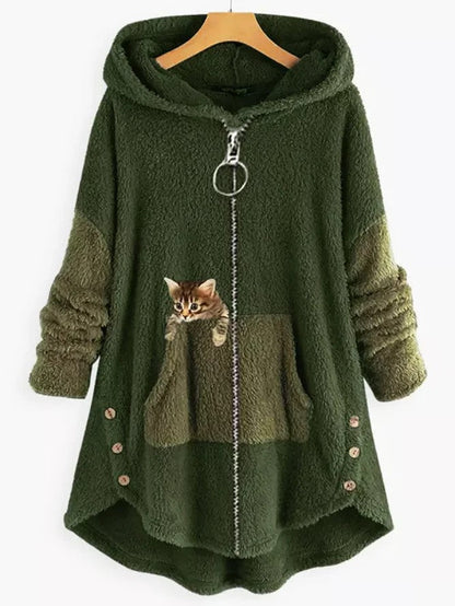 MW | Kuschelige Fleece-Kapuzenjacke mit liebenswertem Katzenprint