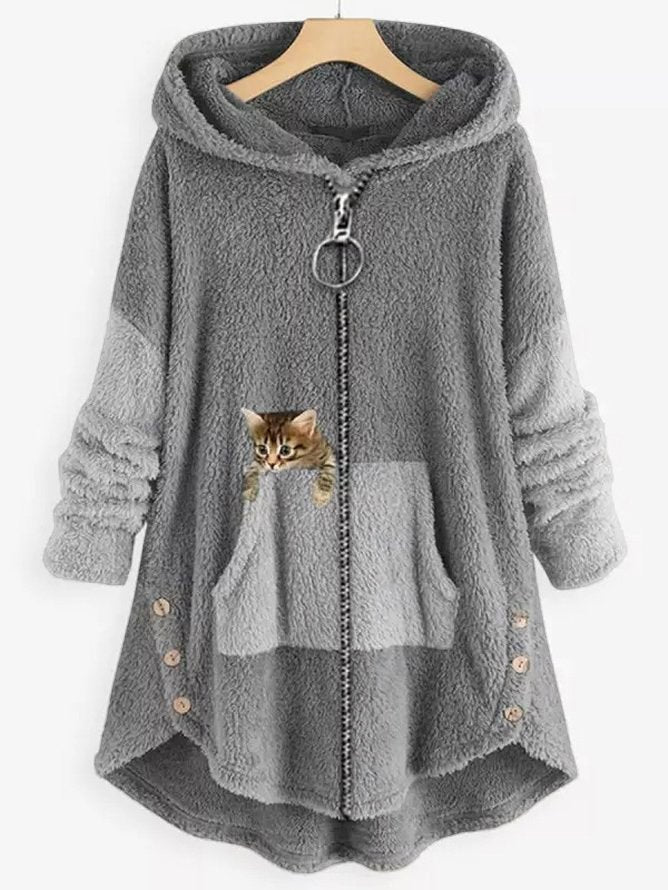 MW | Kuschelige Fleece-Kapuzenjacke mit liebenswertem Katzenprint