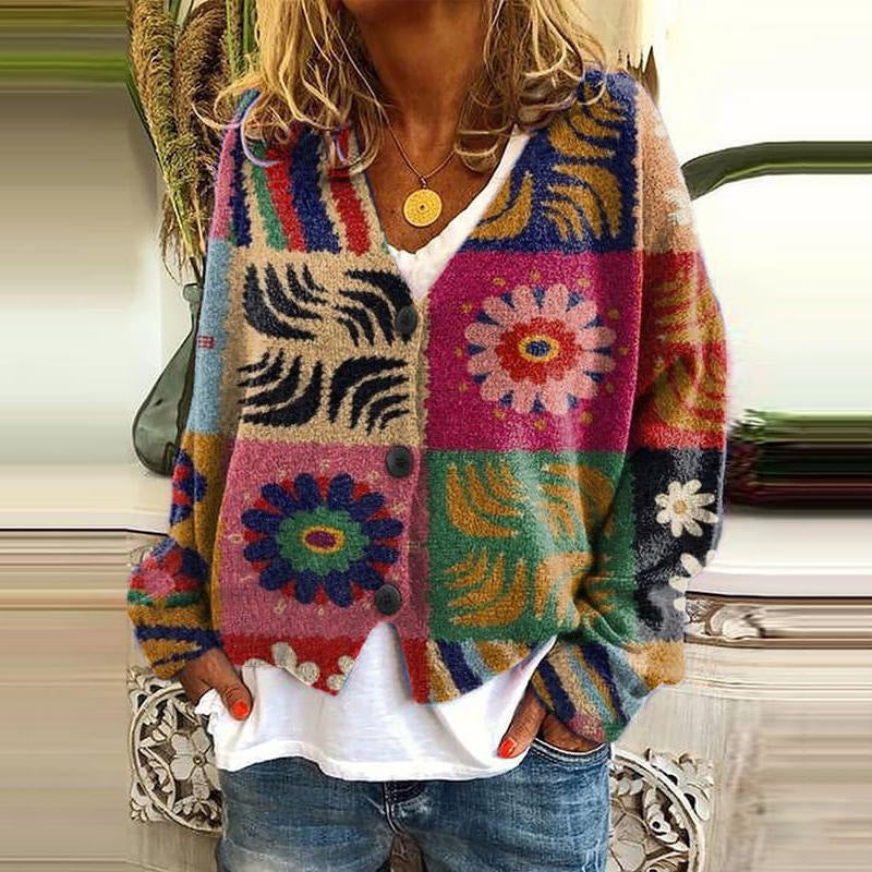 MW | Boho Patchwork Strickjacke mit Blumen