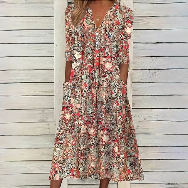 MW | Florales Kleid mit V-Ausschnitt und Seitentaschen