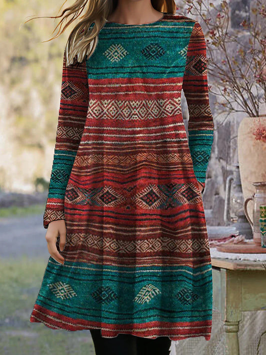 MW | Langärmeliges Midikleid mit Boho-Print